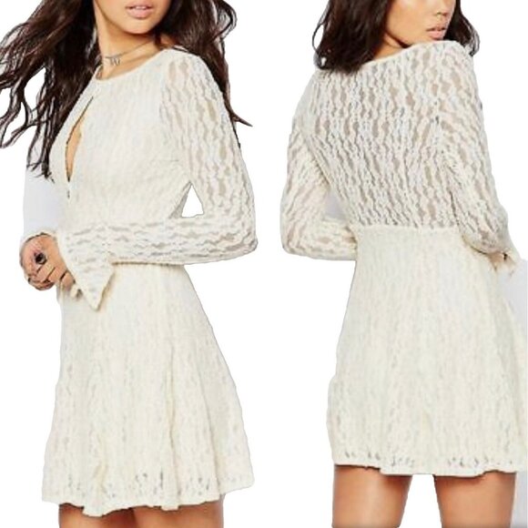 FREE PEOPLE Cream Lace Long Sleeve Boho Dress sz Small EUC - Picture 1 of 16
